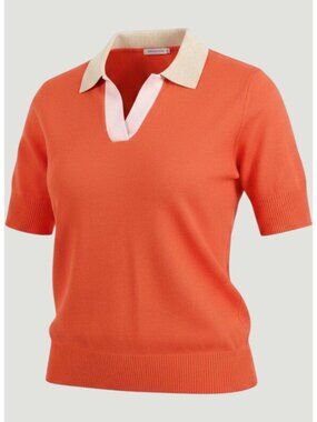 Anne Klein Sport Sweater Medium Polo Orange Colorblock V Neck NEW Short Sleeve